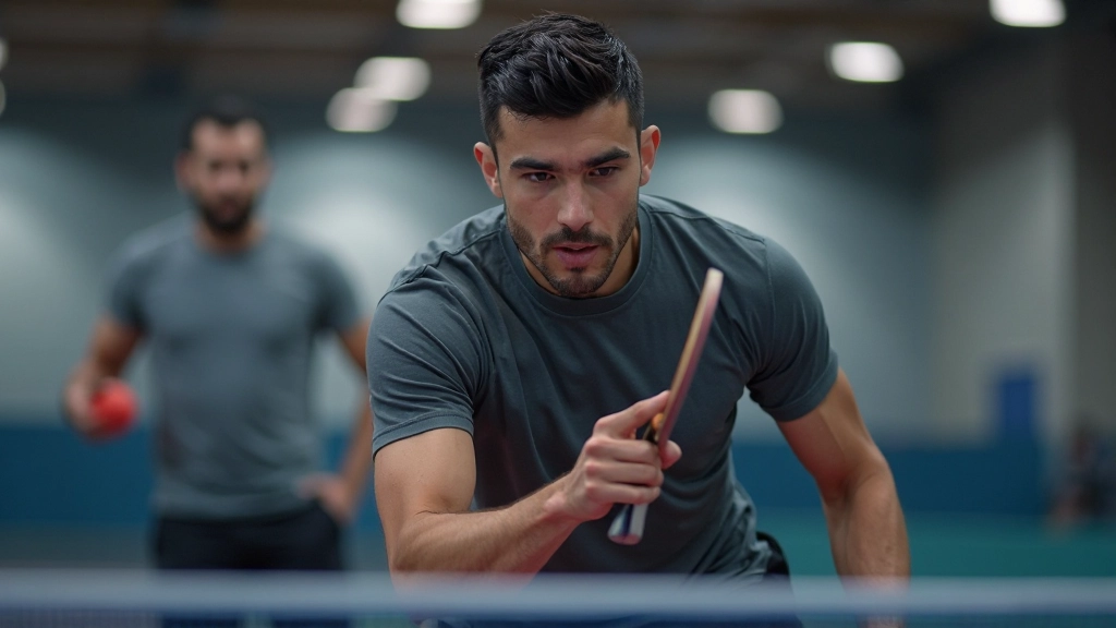 لاعب تنس طاولة يمارس تقنيات السرعة والتركيز مع مدرب احترافي في قاعة الرياضة