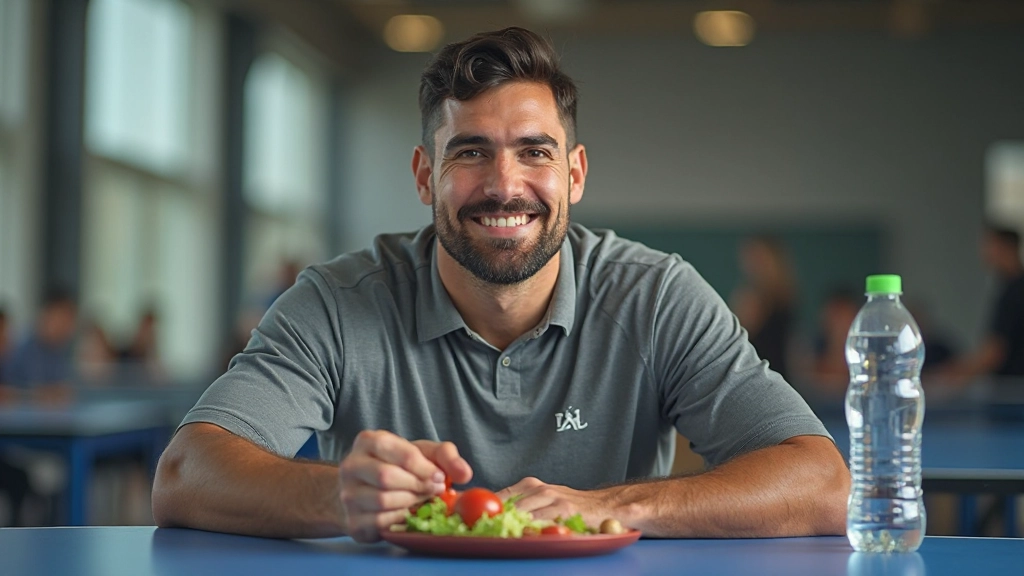 لاعب تنس طاولة محترف يتناول وجبة غذائية صحية متوازنة مع مشروب الترطيب قبل التدريب