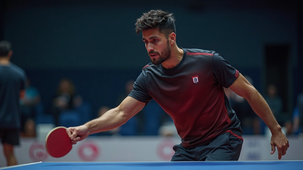 لاعب محترف يقوم بأداء ضربة سريعة قوية أثناء مباراة في قاعة مخصصة للتدريب