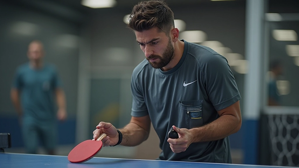 لاعب تنس طاولة يفحص مضاربه واختياراته من المعدات بعناية